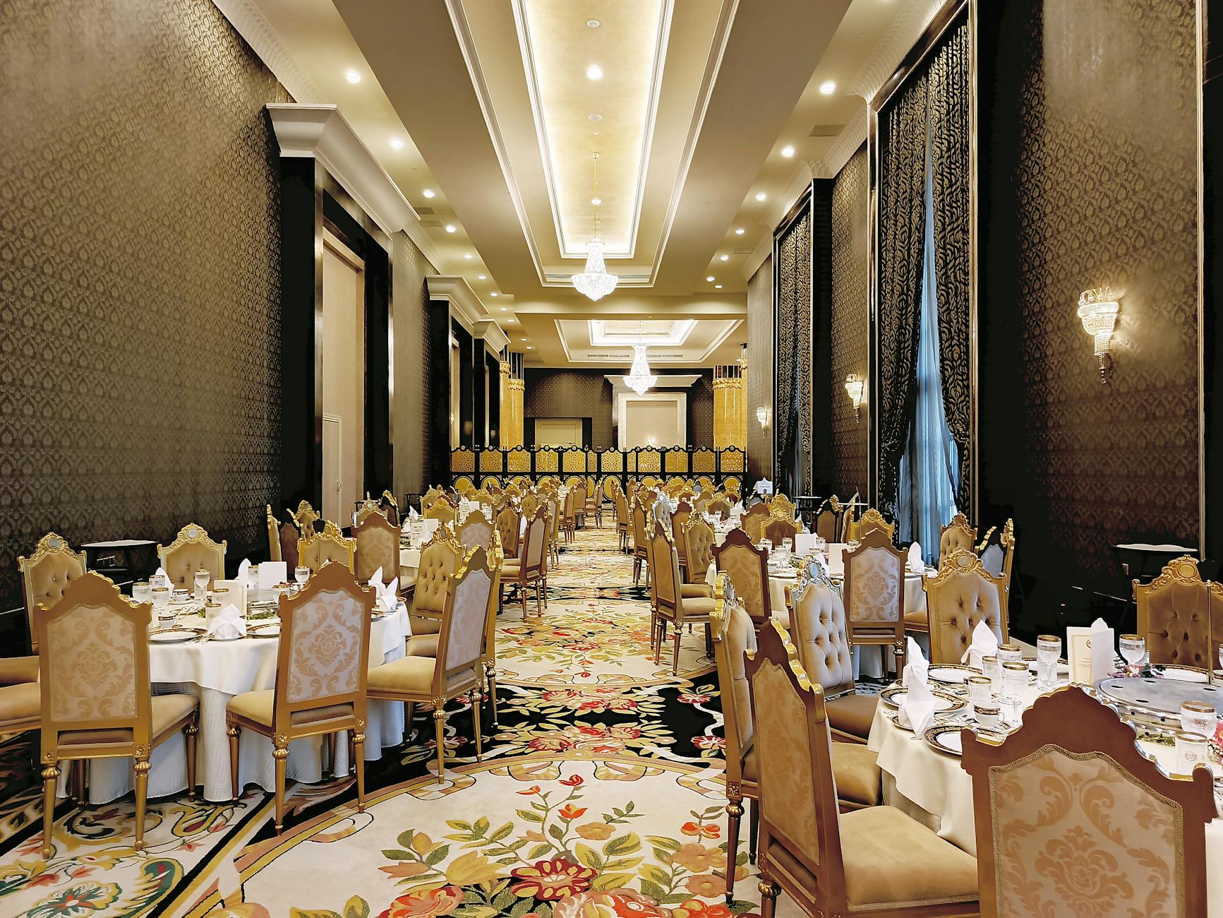 Hotel ballroom set for wedding reception in Frisco TX