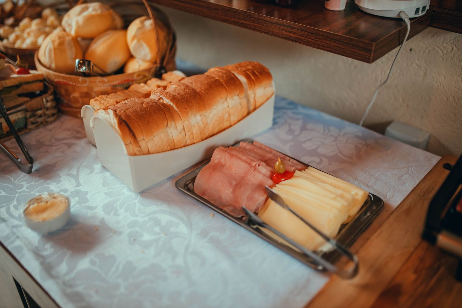 Free hot breakfast spread typical of budget hotels in Frisco Texas