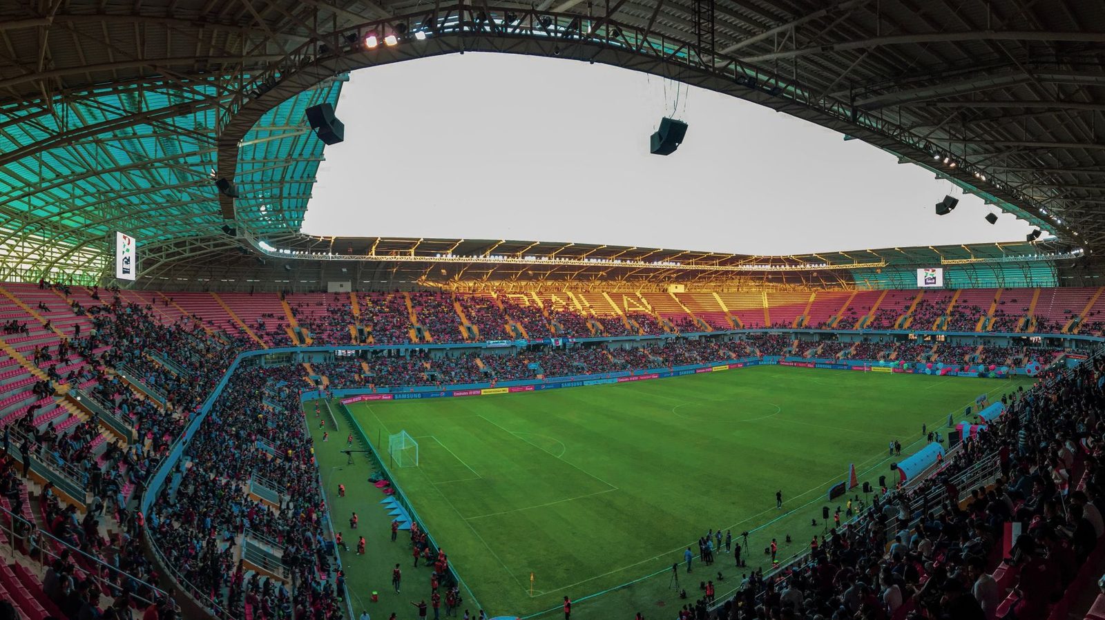 Soccer match crowd at a stadium similar to Toyota Stadium during Frisco TX sporting events season