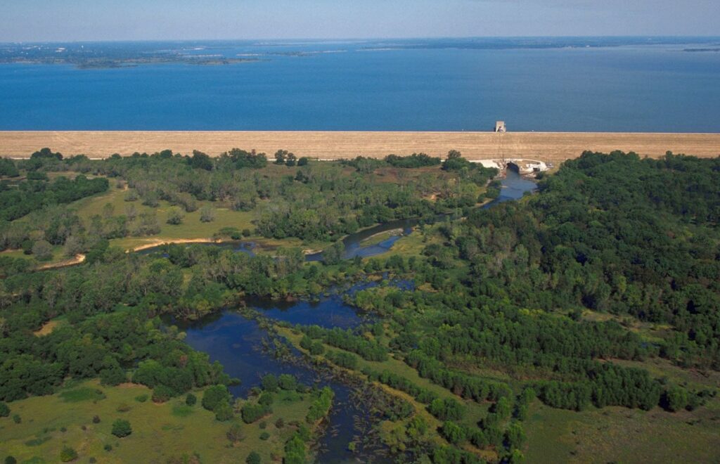 Aerial view of Lewisville Lake, one of the lakes near Frisco TX, and its dam