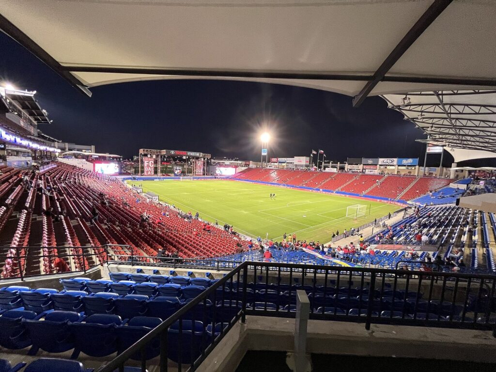 Evening FC Dallas match seen from covered seats high in Toyota Stadium
