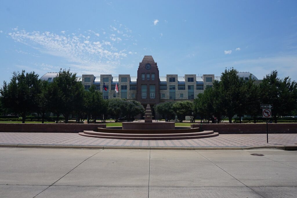 George A. Purefoy Municipal Center and fountain plaza at Frisco Square