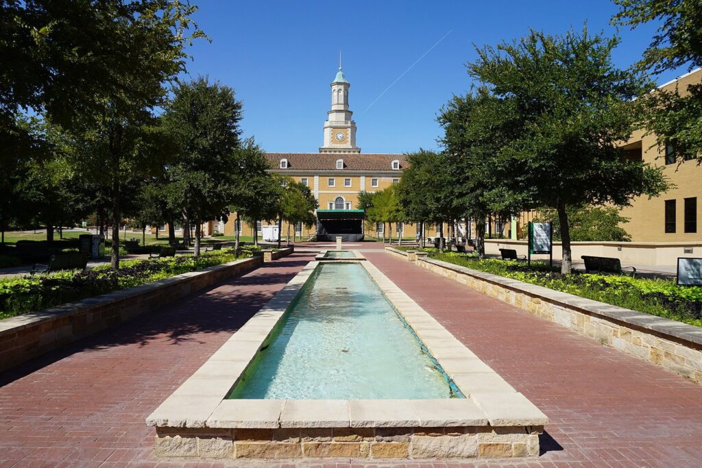 Hurley Administration Building clock tower and reflecting pool on the University of North Texas campus