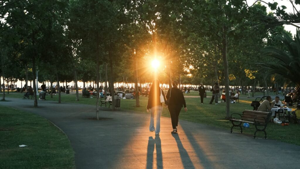 People strolling along a tree-lined park path as the sun sets between the trees