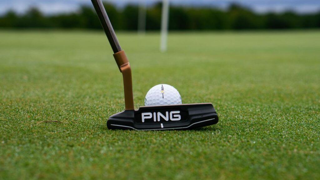 Putter lined up behind a golf ball on a closely mown natural-grass green