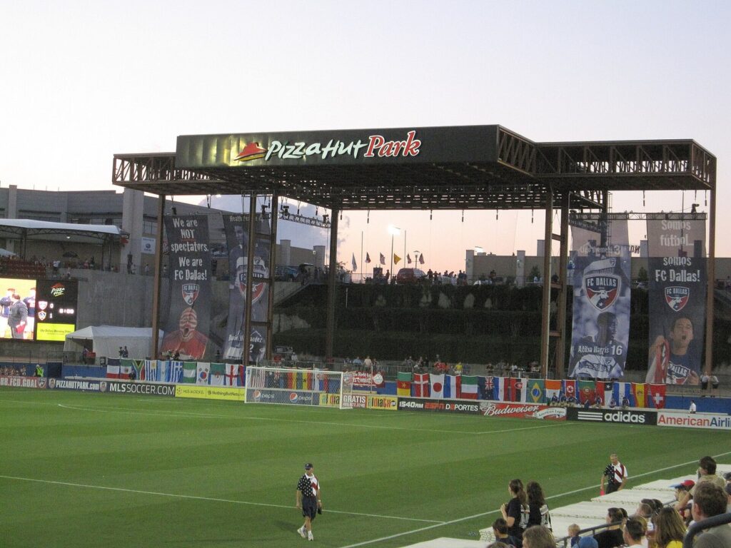 Soccer field and south-end stage at Toyota Stadium when it still carried the Pizza Hut Park name