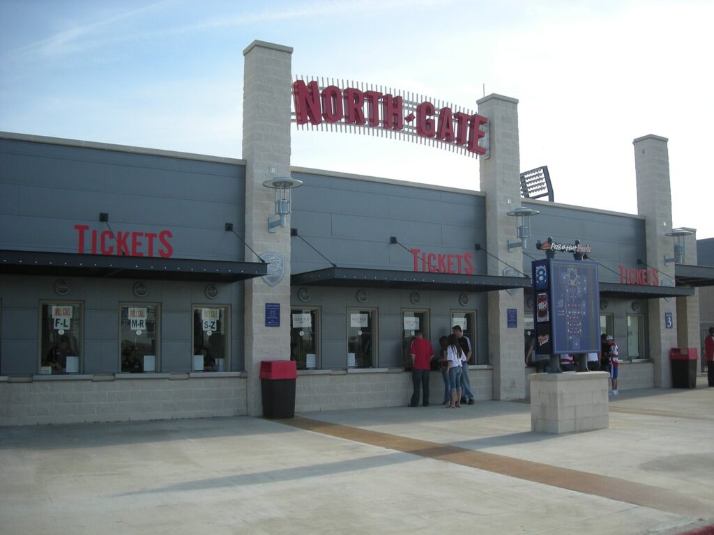 Toyota Stadium's North Gate ticket windows, the landmark for the farmers market in Frisco TX