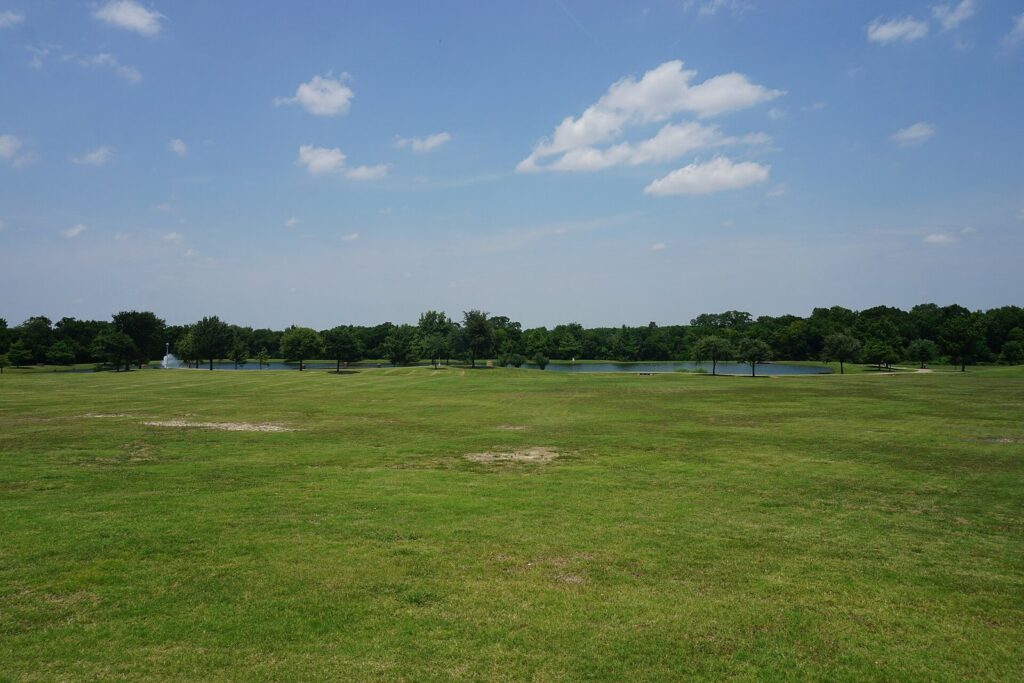 Wide mowed lawn beside the Frisco Commons pond under a blue summer sky